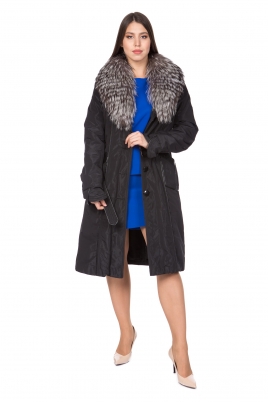 Черное женское пальто из текстиля с воротником, отделка лиса